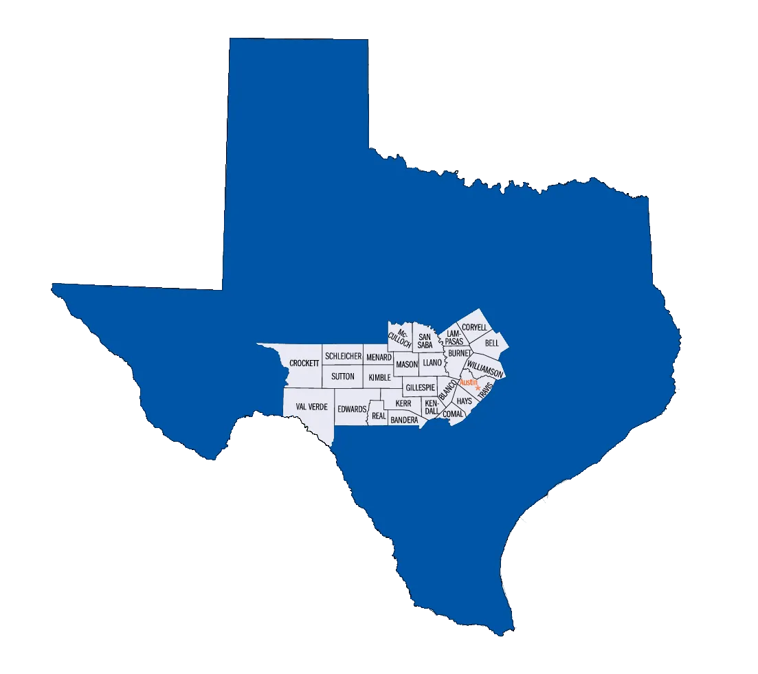 Map of Texas with the Hill Country counties highlighted